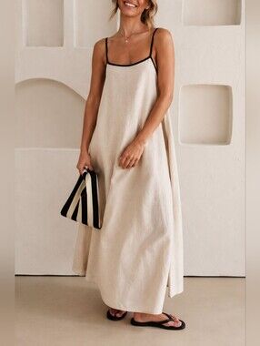 Shy Velvet Linen Maxi Dress XL Contrast Trim Coastal Quiet Luxury Boho